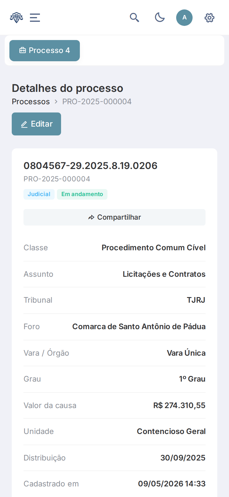Processo aberto no celular