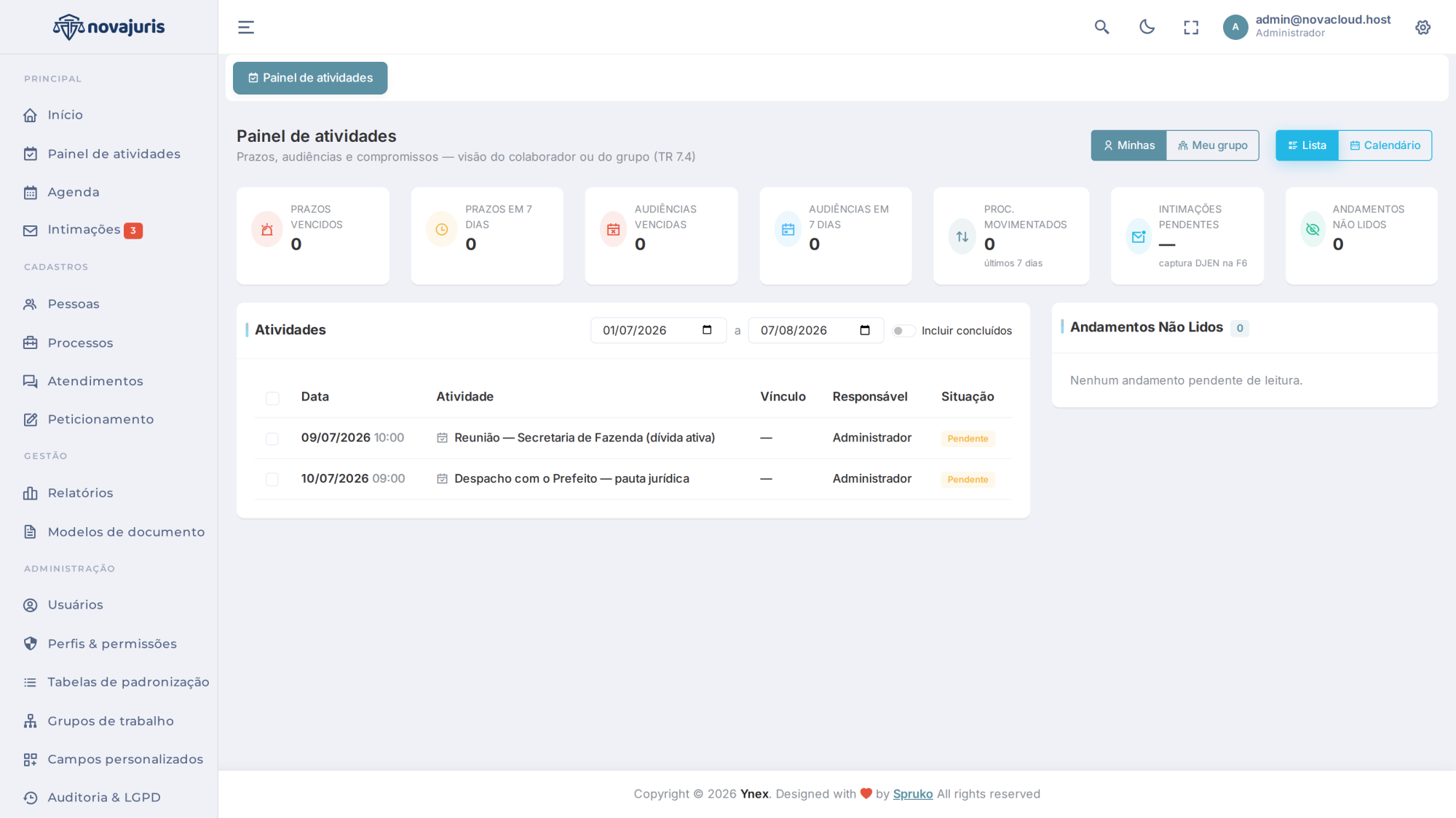 Painel de atividades em lista e calendário
