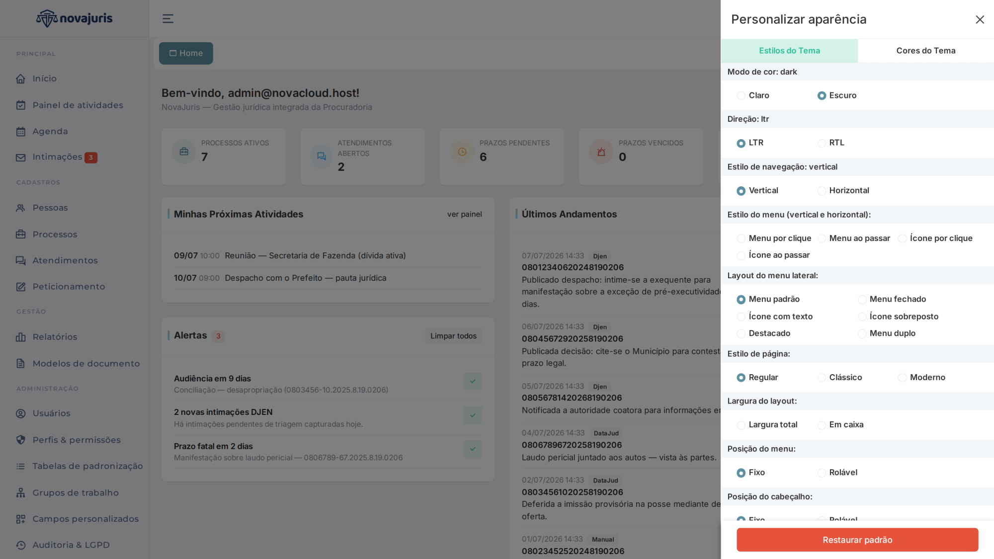 Painel Personalizar aparência